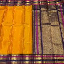 Golden Mustard with Deep Beetlenut Purple Buttas Korvai Handwoven Pure Jari with temple borders Kanjivaram Silk Saree Beauty