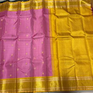 Pink with Gold Korvai with Buttas Handwoven Pure Jari Kanjivaram Silk Saree Beauty