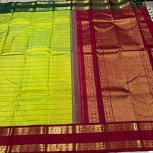Mesmerizing Lime Green with Ganga Jamuna Borders Kai Korvai Neli Veldhari Handwoven Pure Jari Kanjivaram Silk Saree with Beautiful Fishpet Borders Beautiful Rich Pallu and Contrast woven blouse