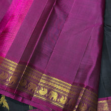 Sahana- Stunning Dark Kanchana Black with Deep Magenta Rettai Kili Buttas Handwoven Pure Jari Kanjivaram Silk with beautiful borders rich pallu and contrast woven blouse