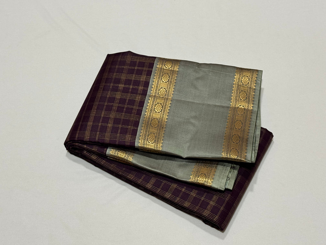 Brown with Grey Jari Kattam With Doublepet Borders Handwoven Pure Kanjivaram Silk Saree Beauty