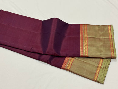 Deep Maroon with Elaichi Beige Green Handwoven Pure Lighter Kanjivaram Silk Saree with Classic Doublepet Borders Pallu and Contrast Blouse beauty