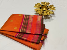 Mango Orange with Rani Pink Buttas with rettapet borders Handwoven Pure Jari Kanjivaram Silk Saree Beauty