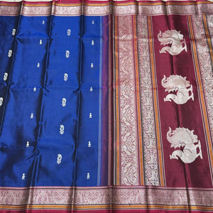 MS Blue with Deep Maroonish Red Premium Handwoven Pure Zariless Kanjivaram Silk Saree beauty with peacocks woven rich pallu with mango motifs woven body beautiful double birds and yazhis woven borders beauty