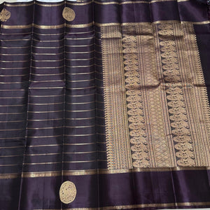 Deep Pakku (Beetlenut) Brown Handwoven Pure Kanjivaram Silk saree in Jari Neli Beldhari woven body with Gandaberundas and Yazhis butta woven borders rich pallu and self colorer blouse beauty