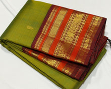 Vaibhogam- Gorgeous Olive Green with Deep Maroonish Brown Handwoven Pure Jari Korvai Kanjivaram Silk with beautiful Varisaipet borders rich pallu and contrast woven blouse
