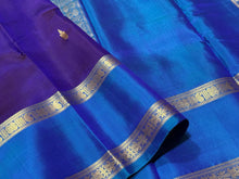 Violetish Blue with Lapis Blue Handwoven Pure Korvai Kanjivaram Silk Saree with Buttas Body Doublepet Borders rich Simhayazhi Pallu and Contrast Blouse