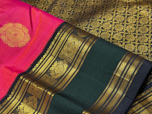 Dual tone tomato pink with black and green Handwoven Pure Jari Korvai Kanjivaram Silk Saree Buttas Beauty