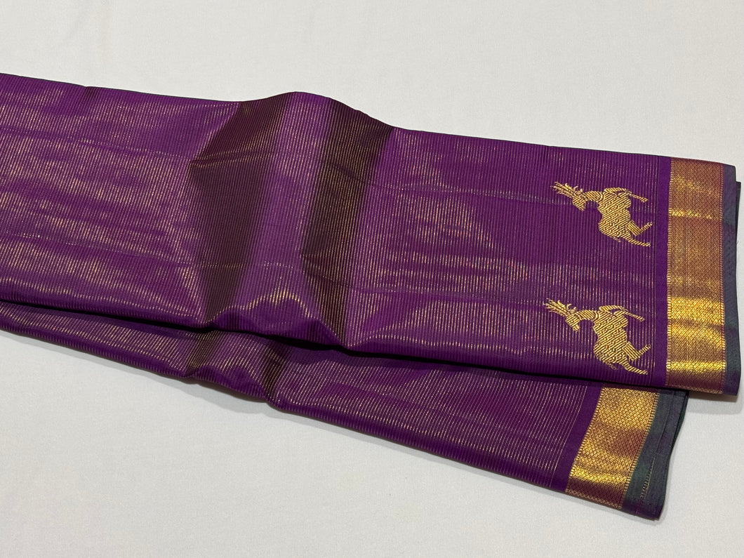 Deep Purple with Gold Vairaoosi with Border Deer Buttas Handwoven Pure Jari Kanjivaram Silk Saree Beauty