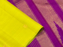 Lemon Yellow with Vadamalli Purple Handwoven Pure Jari Kanjivaram Silk Saree with Double thread striped borderless body with Flying horses and parrot motifs with rich pallu and jari striped blouse beauty