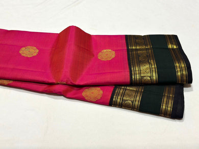 Tomato Pink with Bottle Green Black Buttas Korvai Handwoven Pure Jari Kanjivaram Silk Saree Beauty