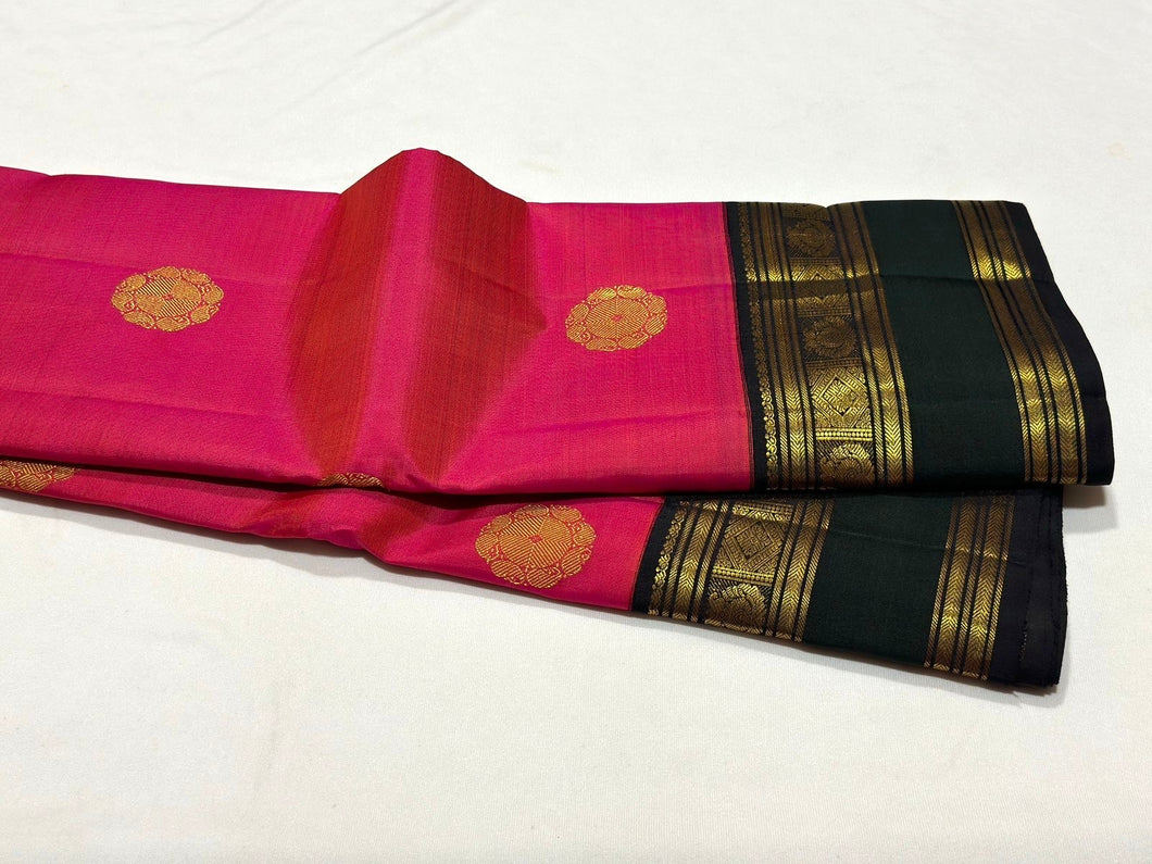 Tomato Pink with Bottle Green Black Buttas Korvai Handwoven Pure Jari Kanjivaram Silk Saree Beauty