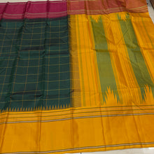 Saraswati- Gorgeous Bottle Green with Ganga Jamuna Temple Borders with Checked body Handwoven Pure Premium Zariless Korvai Kanjivaram Silk with beautiful body rich seer pallu and contrast woven blouse