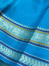 Offwhite with Copper Sulphate Blue Muthukattam with Buttas Handwoven Pure Zariless Korvai temple borders Kanjivaram Silk Saree Beauty