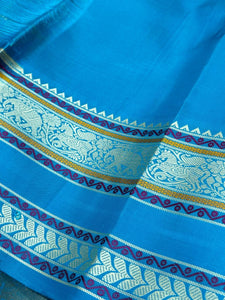 Offwhite with Copper Sulphate Blue Muthukattam with Buttas Handwoven Pure Zariless Korvai temple borders Kanjivaram Silk Saree Beauty