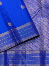 Sahana- Stunning Royal Blue with Gold Handwoven Pure  Jari Kanjivaram Silk with buttas woven body with Vairaoosi stripes woven borders rich pallu and self colored blouse