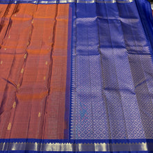 Sahana- Gorgeous Rust with Blue Jari Oosi Checks with Buttas Handwoven Pure Jari Kanjivaram Silk with small beautiful borders rich pallu and contrast woven blouse