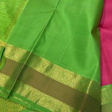 Deep Flamingo Pink with Leaf Green Korvai with Buttas Handwoven Pure Jari Kanjivaram Silk Saree with gorgeous meenakari borders rich pallu and contrast woven blouse beauty