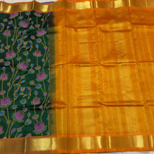 Bottle Green Mustard Handwoven Pure Kanjivaram Silkcotton with Hand Pichwai Block Printed Saree Beauty