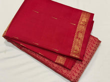 Sahana- Gorgeous Red with Gold Handwoven Pure Jari Kanjivaram Silk with beautiful paisleys woven body in silk thread with long mallimoggu buttas woven borders with rich sorgavasal pallu and contrast red blouse