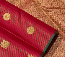 Saranga- Stunning Red with Gold Handwoven Pure Jari borderless vairaoosi with mayil chakram buttas woven Kanjivaram Silk with beautiful green selvedges rich pallu and self colored blouse
