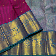 Vaibhogam- Vintage Inspired Beautiful Deep Wine with Peacock Blue Handwoven Pure Jari Korvai Kanjivaram Silk with missing checks style woven body with small buttas all over with beautiful rich borders pallu and contrast self striped blouse