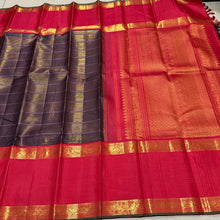Vaibhogam- Stunning Kanchana Blackish Brown with Deep Red Handwoven Pure Vairaoosi and Neli Veldhari woven Korvai Kanjivaram Silk with broad rettapet borders rich pallu and contrast l woven blouse