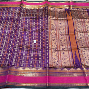 Dark Magenta Purple with Pink Gandaberunda and Mayil Chakram 1000 Buttas Handwoven Premium Kanjivaram Silkcotton Saree Beauty
