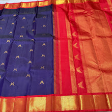 Vaibhogam- Navy Blue with Red Handwoven Pure Jari Korvai Kanjivaram Silk with Rettaikili buttas woven beautiful body with rich borders gorgeous rettaikili buttas woven rich pallu and contrast woven beautiful blouse