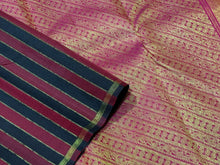 Saranga- Gorgeous Handwoven Pure Kanjivaram Silk in a beautiful Maroon and Black with Zari Striped body with small borders rich pallu and contrast woven blouse