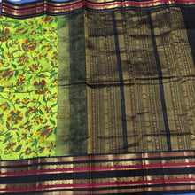 Parrot Green with Black Pure  Handwoven Korvai Kanjivaram Pichwai Block Printed Silkcotton Saree