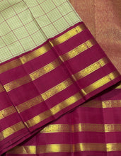 Vaibhogam- Stunning Pastel Green with Arakku Red Handwoven Pure Jari Korvai Kanjivaram Silk with Checked body and tetrapet beautifully woven borders rich finely woven pallu and contrast woven blouse