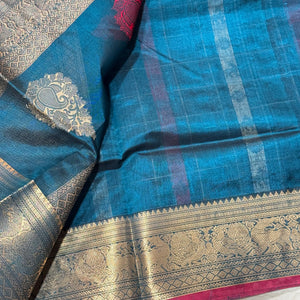 Ramar Blue with Red 1000 Buttas with rich weave Handwoven Premium Kanjivaram Silkcotton Saree Beauty