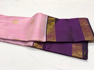 Lotus Pink with Deep Purple Vairaoosi with Buttas Handwoven Pure Jari Korvai Kanjivaram Silk Saree Beauty with Long Doublepet Borders