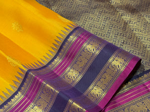 Golden Mustard with Deep Beetlenut Purple Buttas Korvai Handwoven Pure Jari with temple borders Kanjivaram Silk Saree Beauty