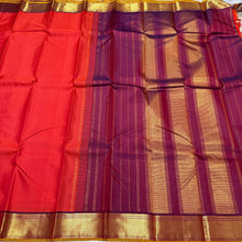 Nayaki-Stunning Orange with Burgundy Brown  Handwoven Pure  Kanjivaram Silk Saree with rich bawanchi borders with sampanga mustard selvedges contrast pallu and blouse