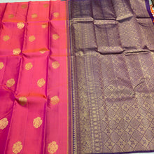 Saranga- Beautiful Dual tone Orange Pink with Deep Beetlenut Purple Handwoven Pure Borderless Pure 2g Jari Kanjivaram Silk with Muthukattam with Elephant buttas woven body with rich pallu and contrast woven blouse
