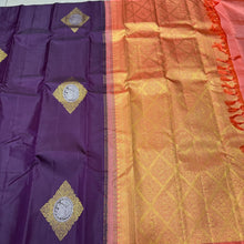 Deep Beetlenut Purple with Peachish Orange Meenakari Motifs Handwoven Pure Borderless Kanjivaram Silk Saree with rich pallu and contrast woven blouse