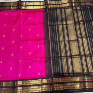 Rani Pink with Black Buttas Korvai Handwoven Pure Kanjivaram Silkcotton Saree Beauty