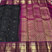 Stunning  Black with Deep Wine Mayil Chakram Buttas Handwoven Pure Jari Kanjivaram Silk Saree with Elephant motifs  woven rich borders gorgeously woven rich  pallu and contrast woven blouse