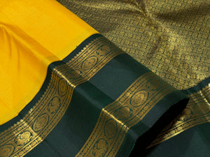 Sunshine Yellow with Sapphire Green Vairaoosi with Rettapet Borders Handwoven Pure Jari Korvai Kanjivaram Silk Saree Beauty