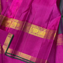 Sahana- Gorgeous Manthulir Dual tone Green with Magenta Pink Buttas Handwoven Pure Jari Kanjivaram Silk with beautiful doublept borders rich pallu and contrast woven blouse