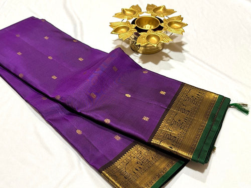 Deep Purple with Coffee Brown Buttas Handwoven Pure Kanjivaram Silk Saree Beauty