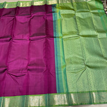 Purple with Dual tone Parrot Green Handwoven Pure Silver Jari Korvai Kanjivaram Silk Saree with rich borders pallu and contrast woven blouse beauty