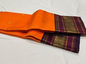 Orange with Deep Beetlenut Purple Handwoven Pure Jari Korvai with Buttas Kanjivaram Silk Saree with Meenakari Borders rich pallu beauty