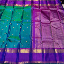 Peacock Bluish Green with Purple Buttas with Rettapet Borders Handwoven Pure Jari Kanjivaram Silk Saree Beauty