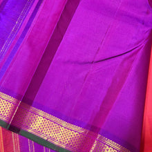 Nayaki- Gorgeous Orange with Vadamalli Purple Handwoven Pure Jari Kanjivaram Silk with Small araimadam borders with beautiful green selvedges rich pallu and contrast woven beautiful blouse