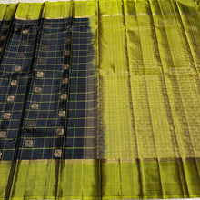 Black with Lime Green Handwoven Pure Kanjivaram Silk Saree woven in 1000 buttas style with rich pallu and contrast woven borders beauty