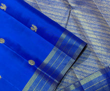 Sahana- Stunning Royal Blue with Gold Handwoven Pure  Jari Kanjivaram Silk with buttas woven body with Vairaoosi stripes woven borders rich pallu and self colored blouse