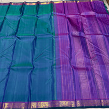 Nayaki- Peacock Blue Green with Purple Handwoven Pure Kanjivaram Silk with small borders rich seer pallu and contrast woven blouse